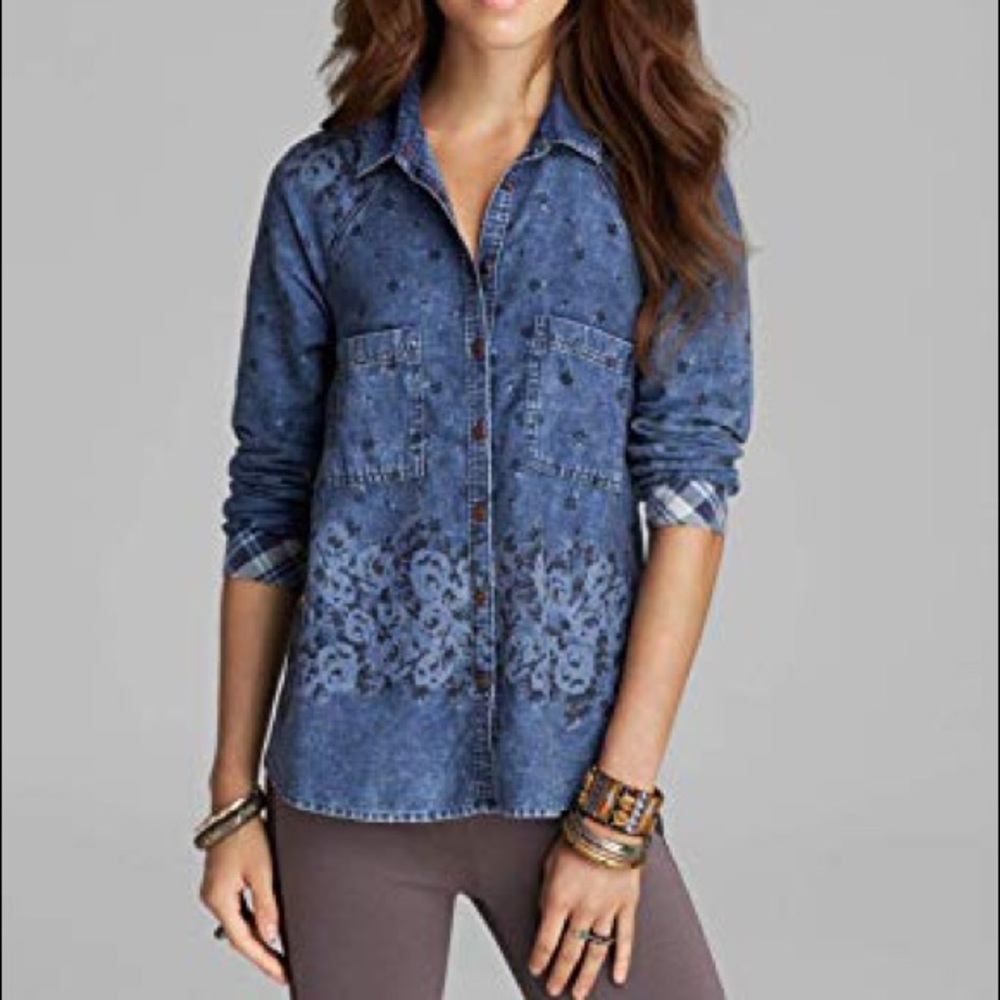 Free People Floral Denim Shirt